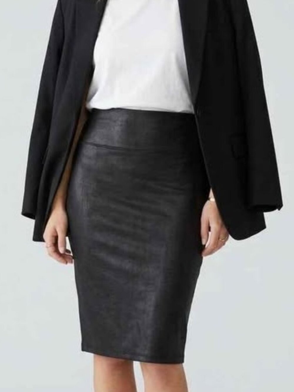 SPANX Black Faux Leather Pencil Skirt High Waisted Shaping Midi Size M